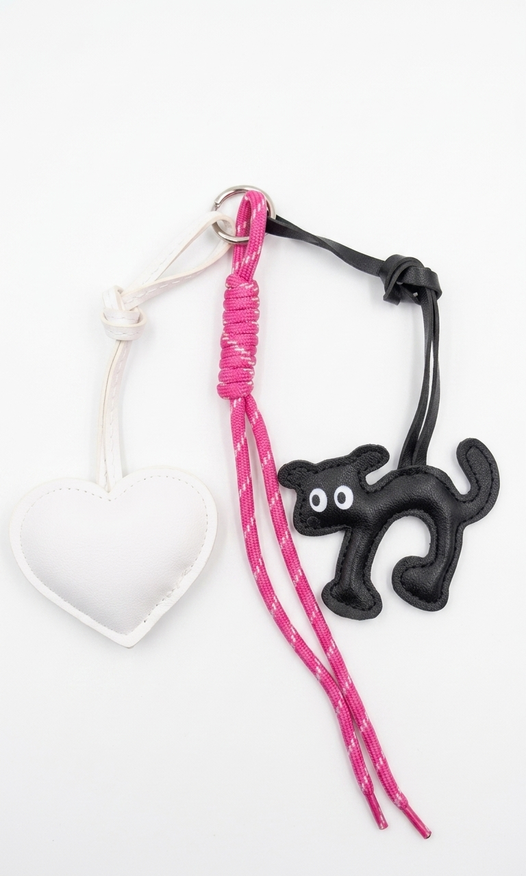 Black dog × White heart × Pink rope - Bag Charm