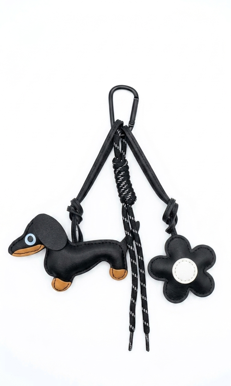 Black Dachshund × Black rope × B&W flower- Bag Charm