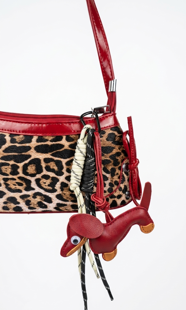 Red Dachshund × Light yellow rope × black rope - Bag Charm